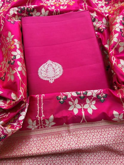 Pink katan silk suit with jaal dupatta suit set