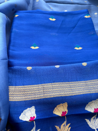 Blue kora silk suit with kadhwa dupatta
