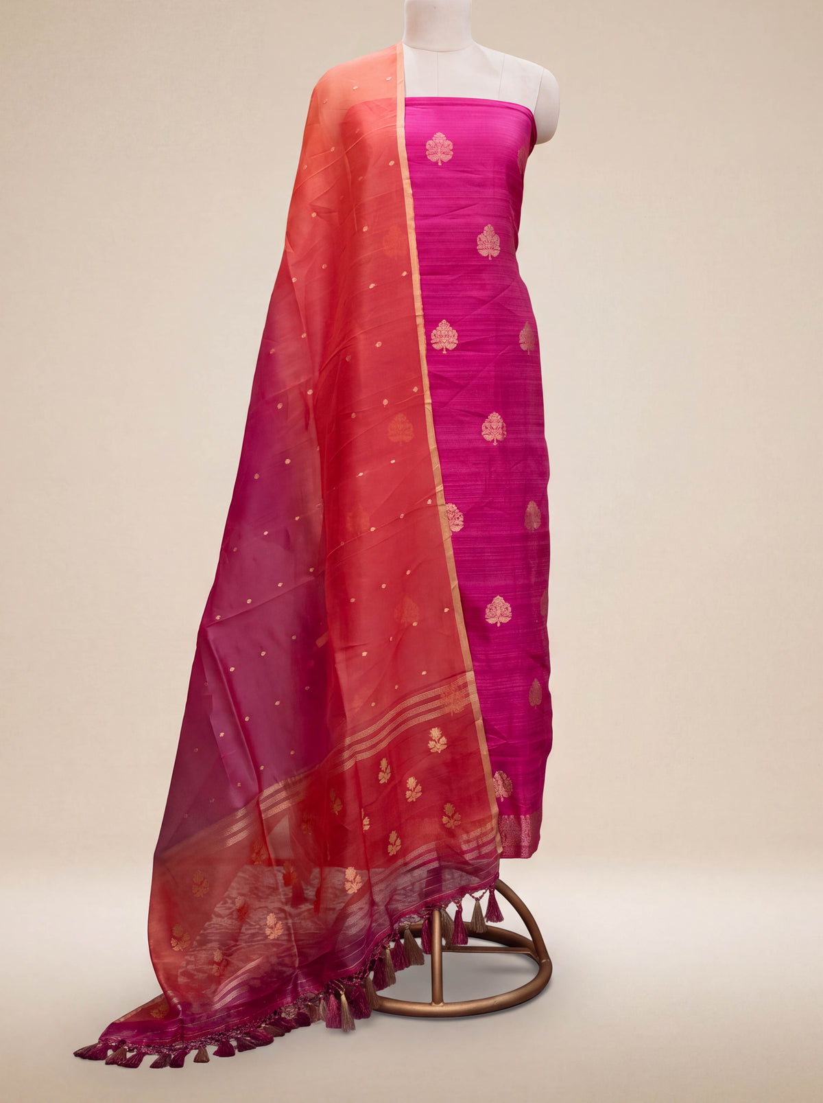 Pink raw silk suit set with kora shaded dupatta