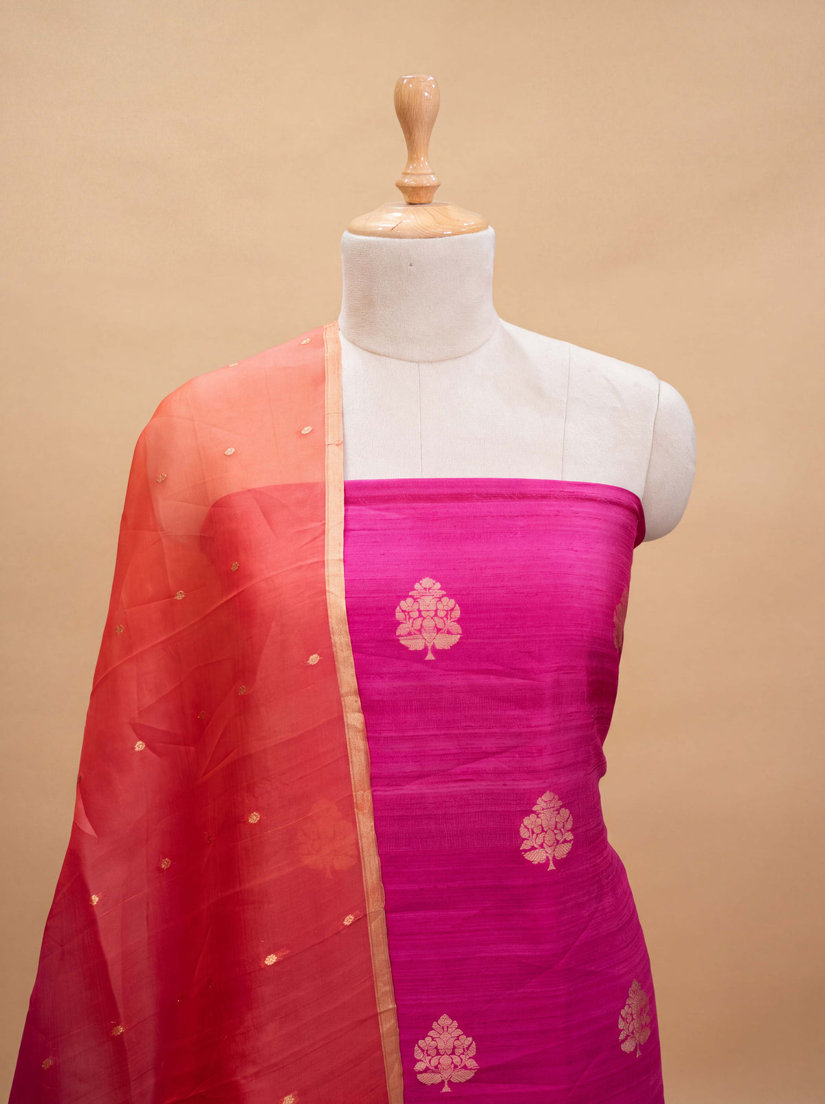 Pink raw silk suit set with kora shaded dupatta