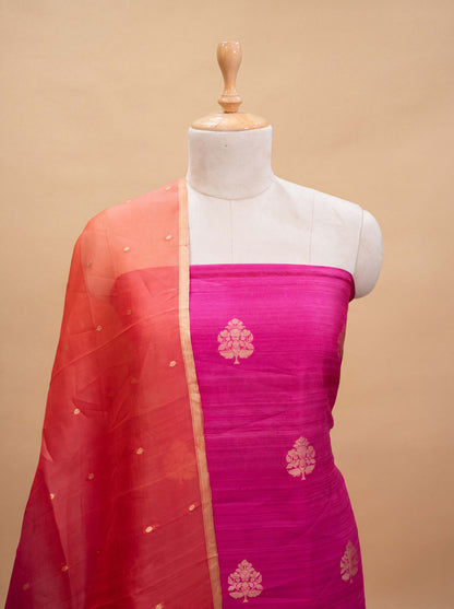 Pink raw silk suit set with kora shaded dupatta