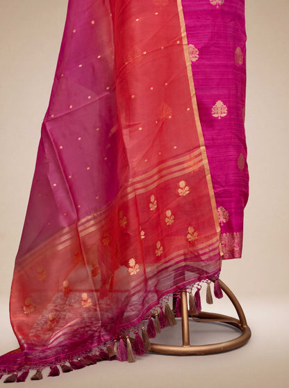 Pink raw silk suit set with kora shaded dupatta