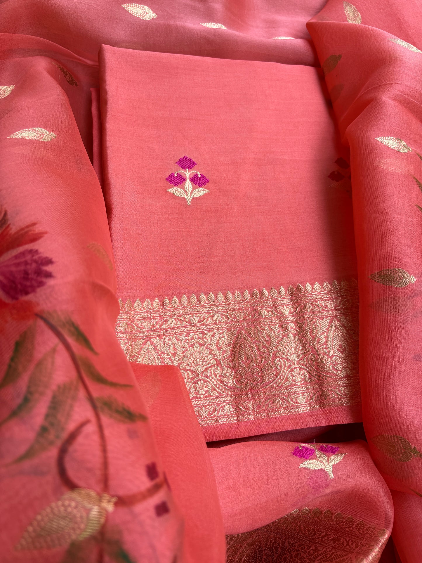Peach Chiniya kora silk suit ( hand brushed border)