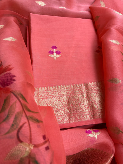 Peach Chiniya kora silk suit ( hand brushed border)