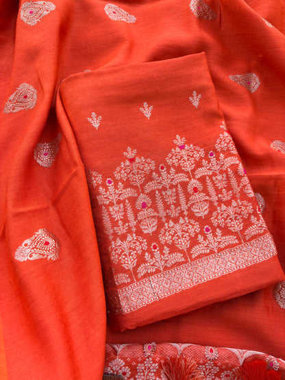 Orange moonga silk suit set kadhwa weave