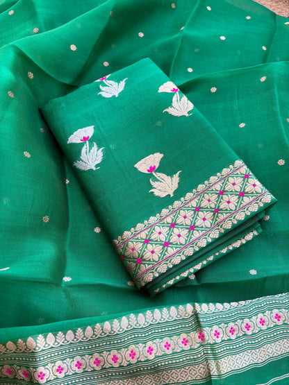Green kora kadhwa rose design suit set