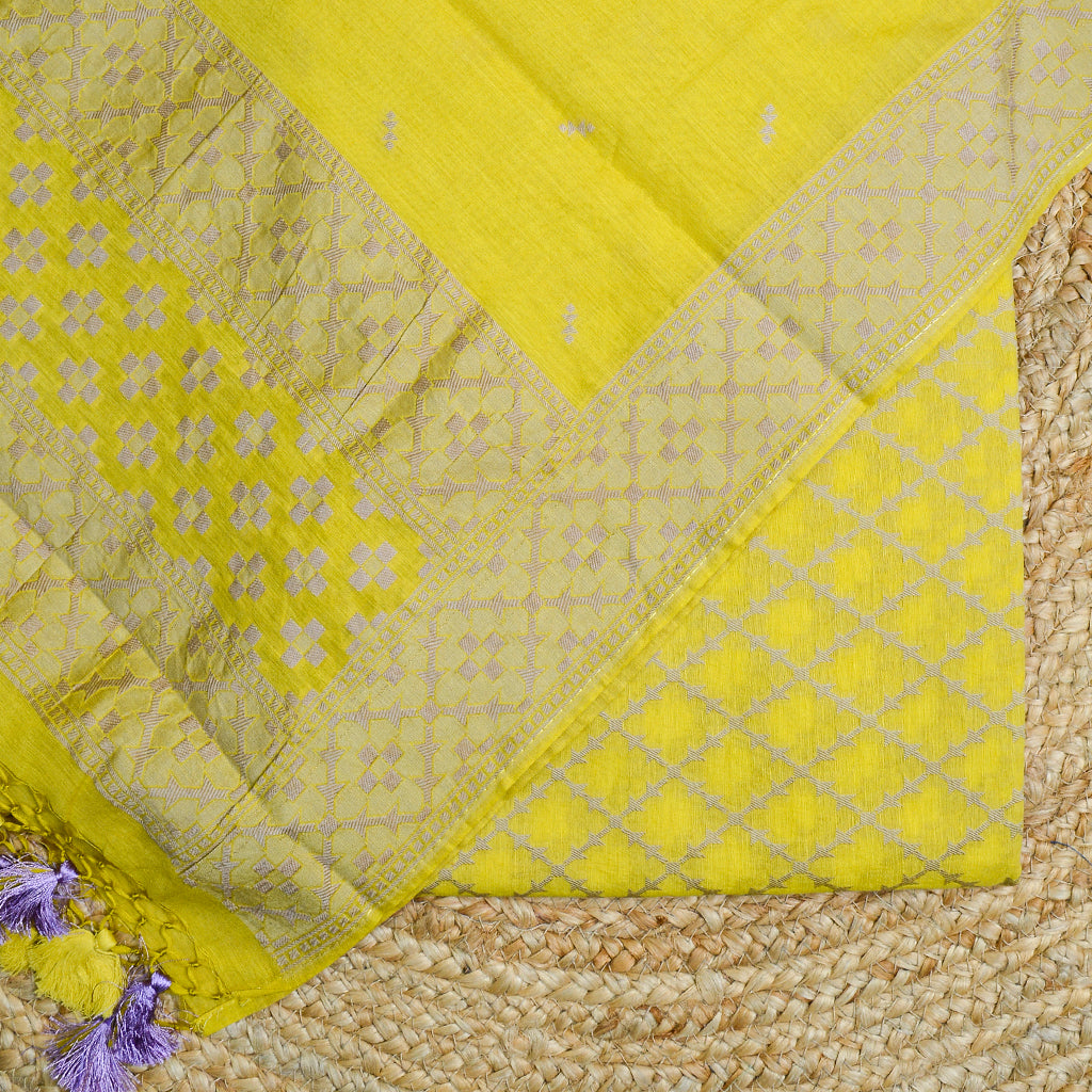 Lime yellow resham weaving suit set
