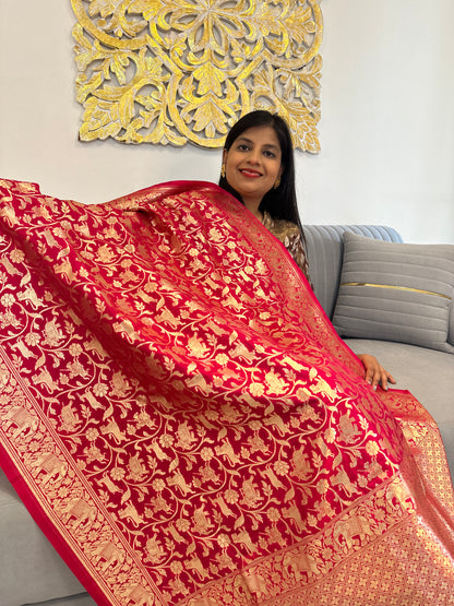 Pinkish red pure shikargarhi dupatta.