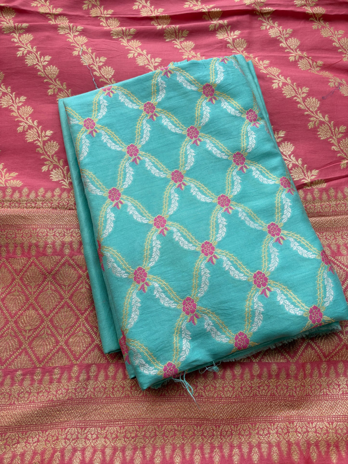 Blue and peach Chiniya silk suit set