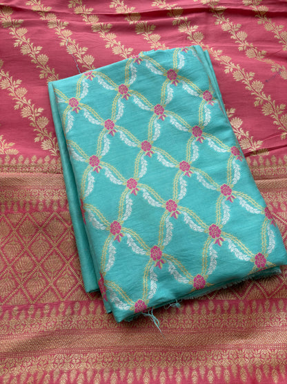 Blue and peach Chiniya silk suit set