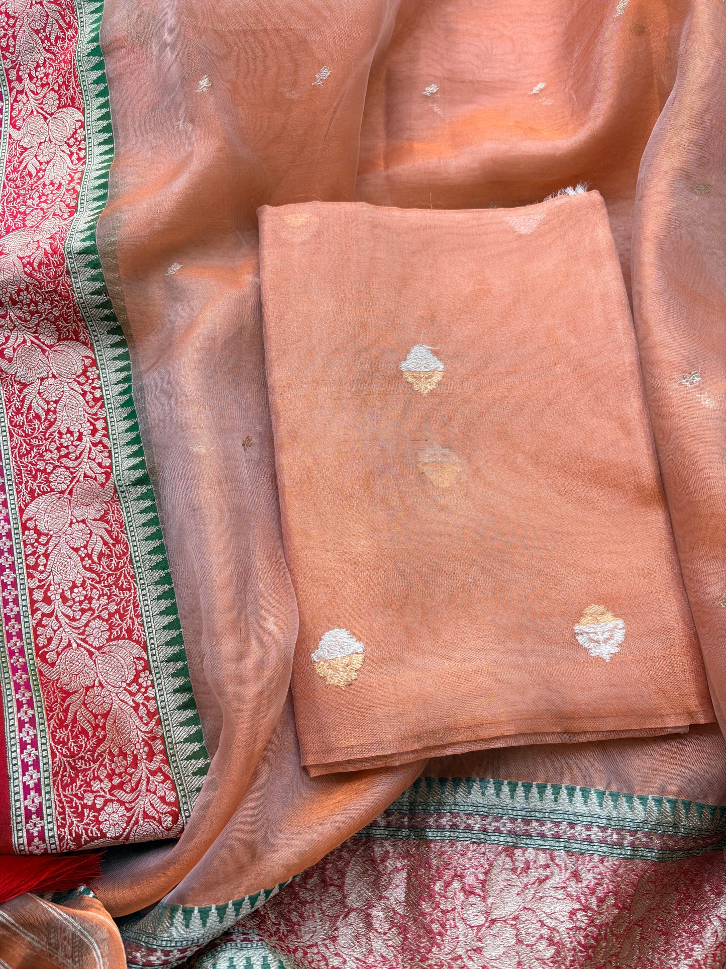 Rust  tissue suit with Kora tissue dupatta
