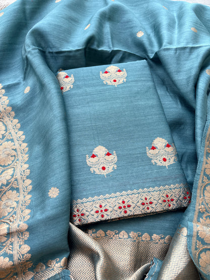 Blue moonga silk kadhwa suit set