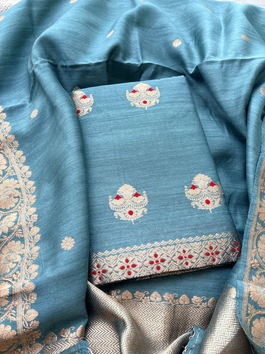 Blue moonga silk kadhwa suit set