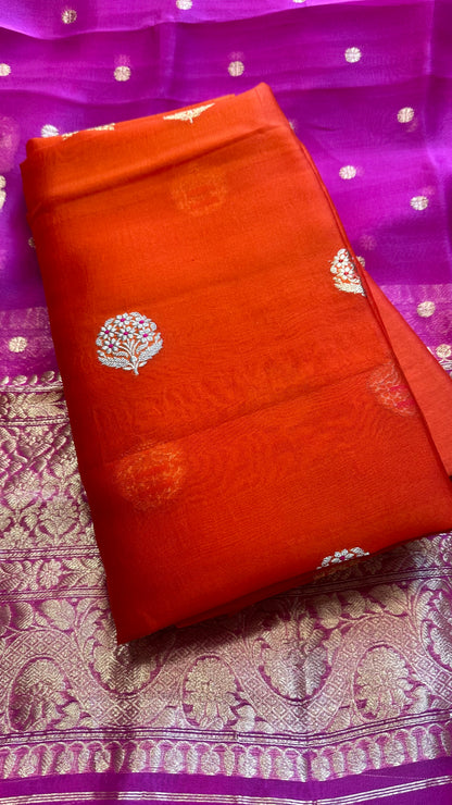 Orange kora silk kurta, magenta kora dupatta, plain bottom