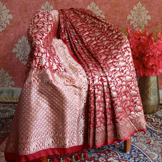 Bright Red shikargah  Silk Saree