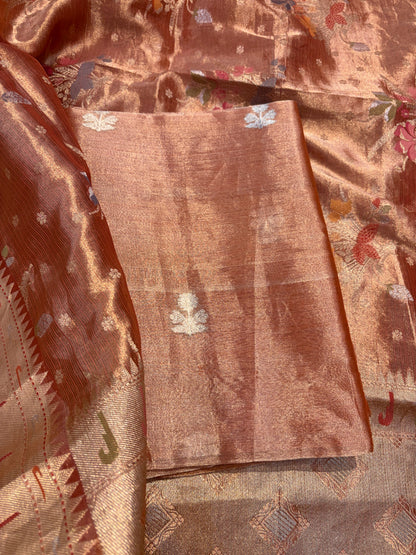 Orange rust tissue kadhwa suit with jaal dupatta