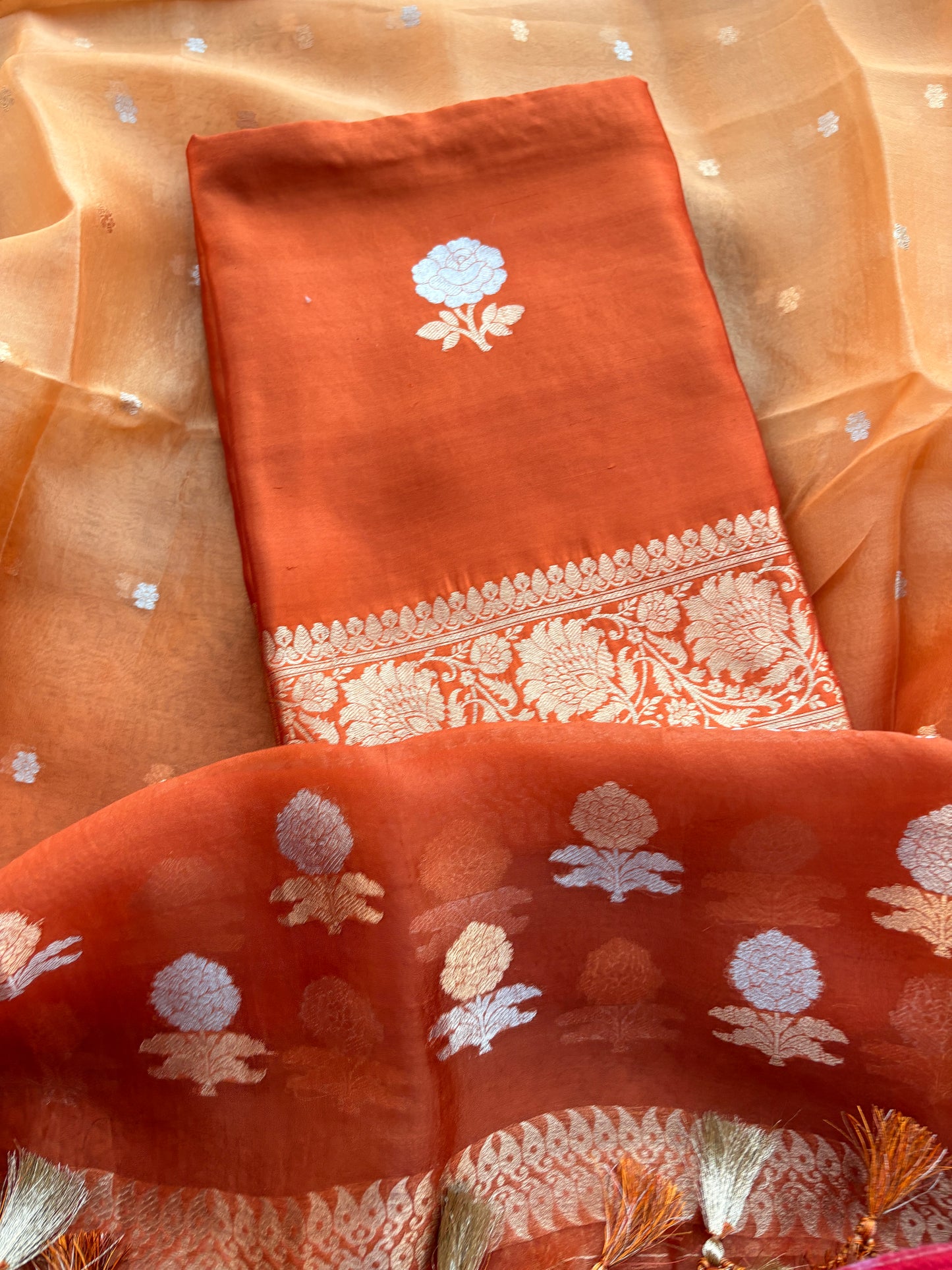 Orange Chiniya silk kurta , bottom and shaded dupatta