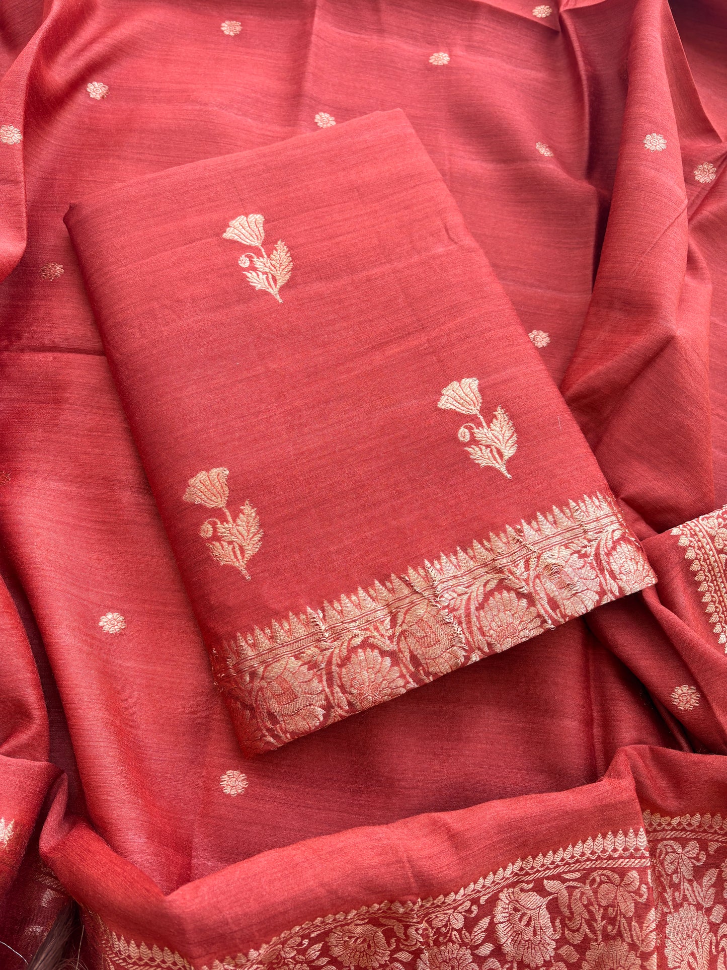 Rust raw silk tussar kadhwa suit set