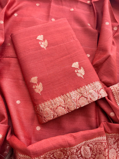 Rust raw silk tussar kadhwa suit set
