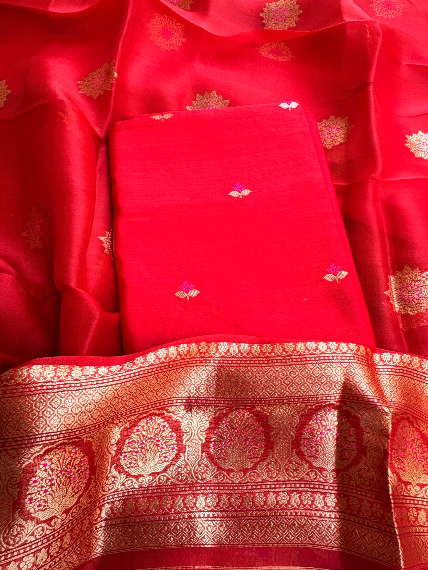 Red Chiniya silk kurta , bottom and kora kadhwa dupatta
