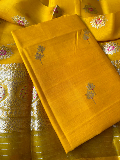 Yellow chiniya silk kurta, kora kadhwa dupatta 3 piece set