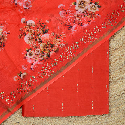 Red chanderi silk printed suit set