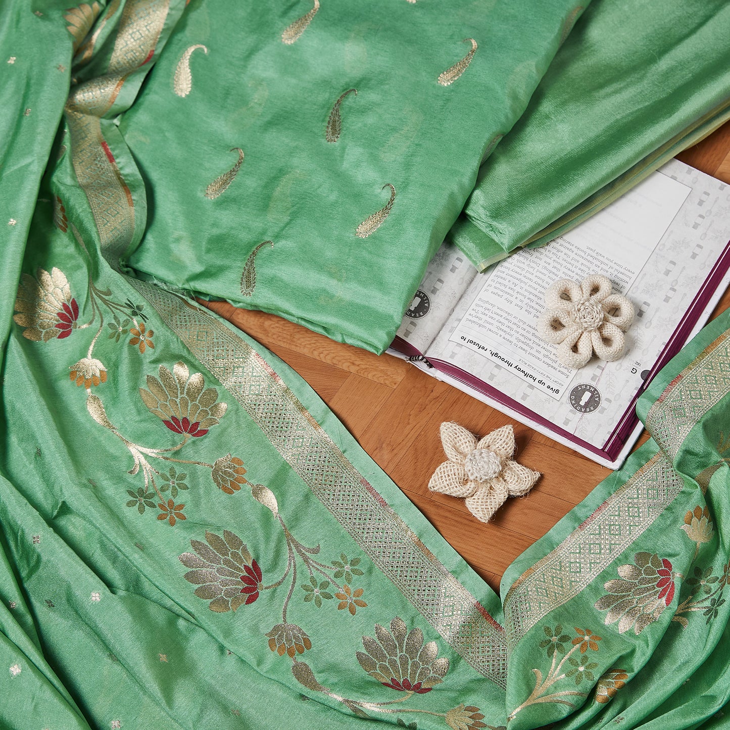 Turq Green Cotton chiniya kurta, cotton chiniya dupatta, banarsi silk bottom