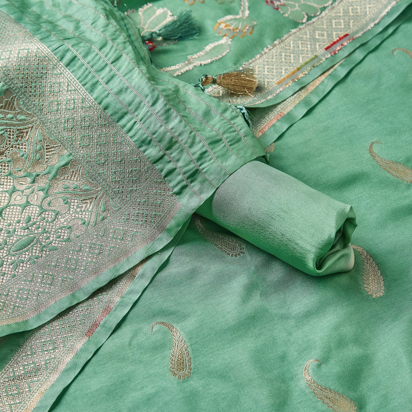 Turq Green Cotton chiniya kurta, cotton chiniya dupatta, banarsi silk bottom