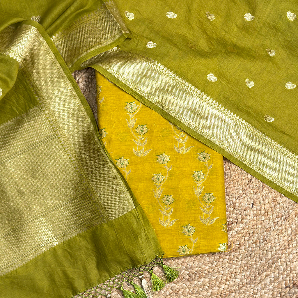 Mustard green handwoven cotton suit set