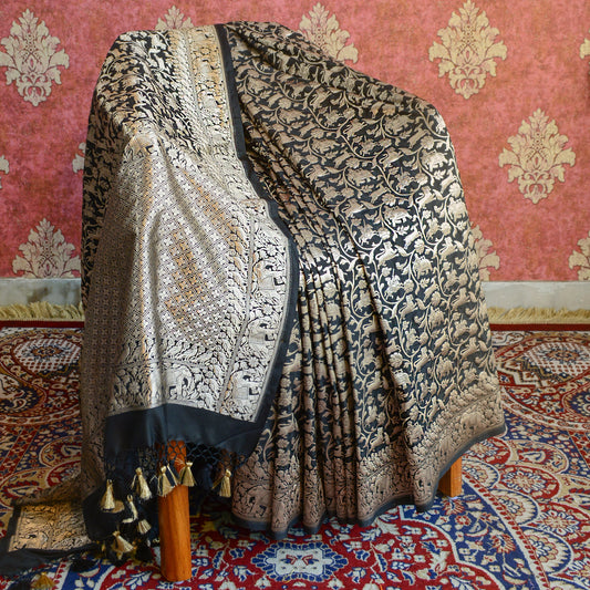 Black full jaal shikargah Silk Saree