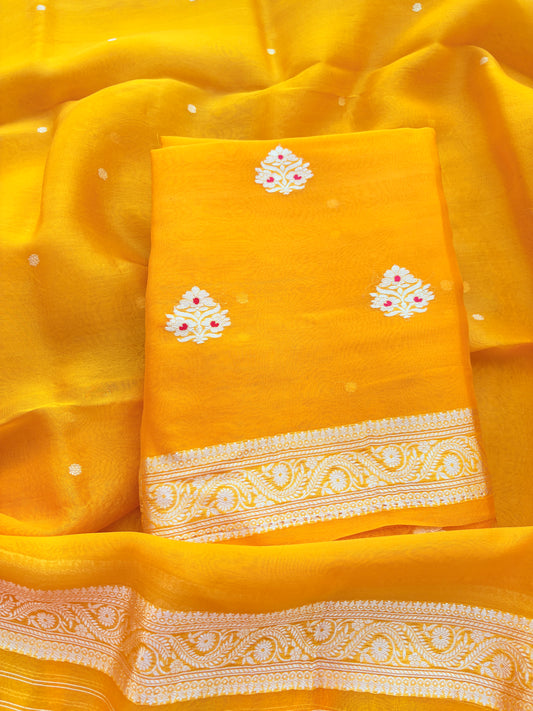Yellow kora kadhwa silk suit set