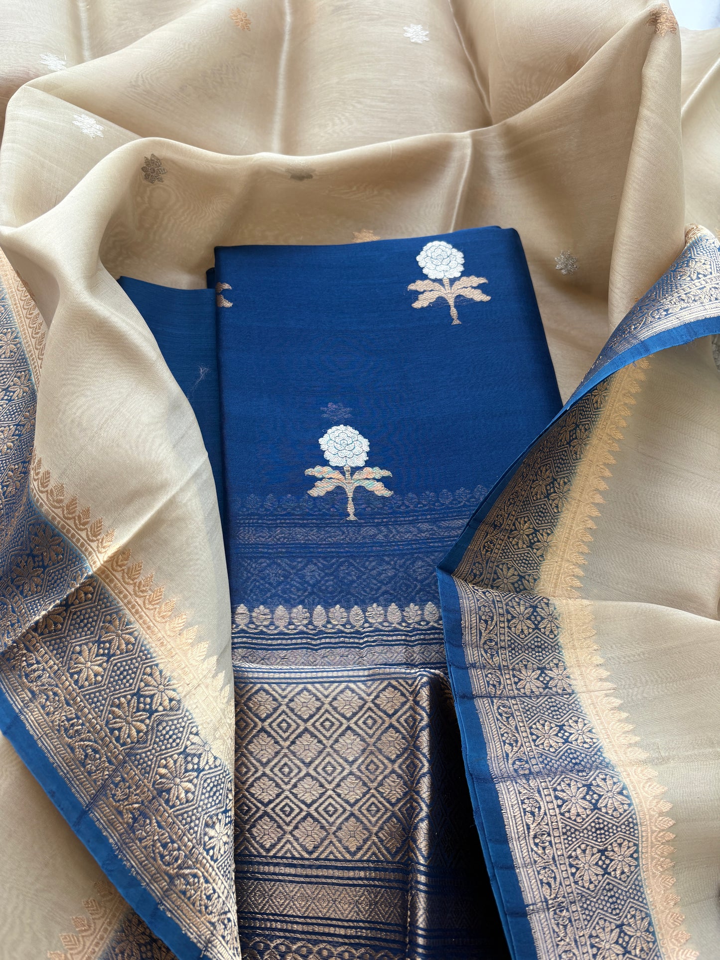 Blue kora silk suit with shaded dupatta