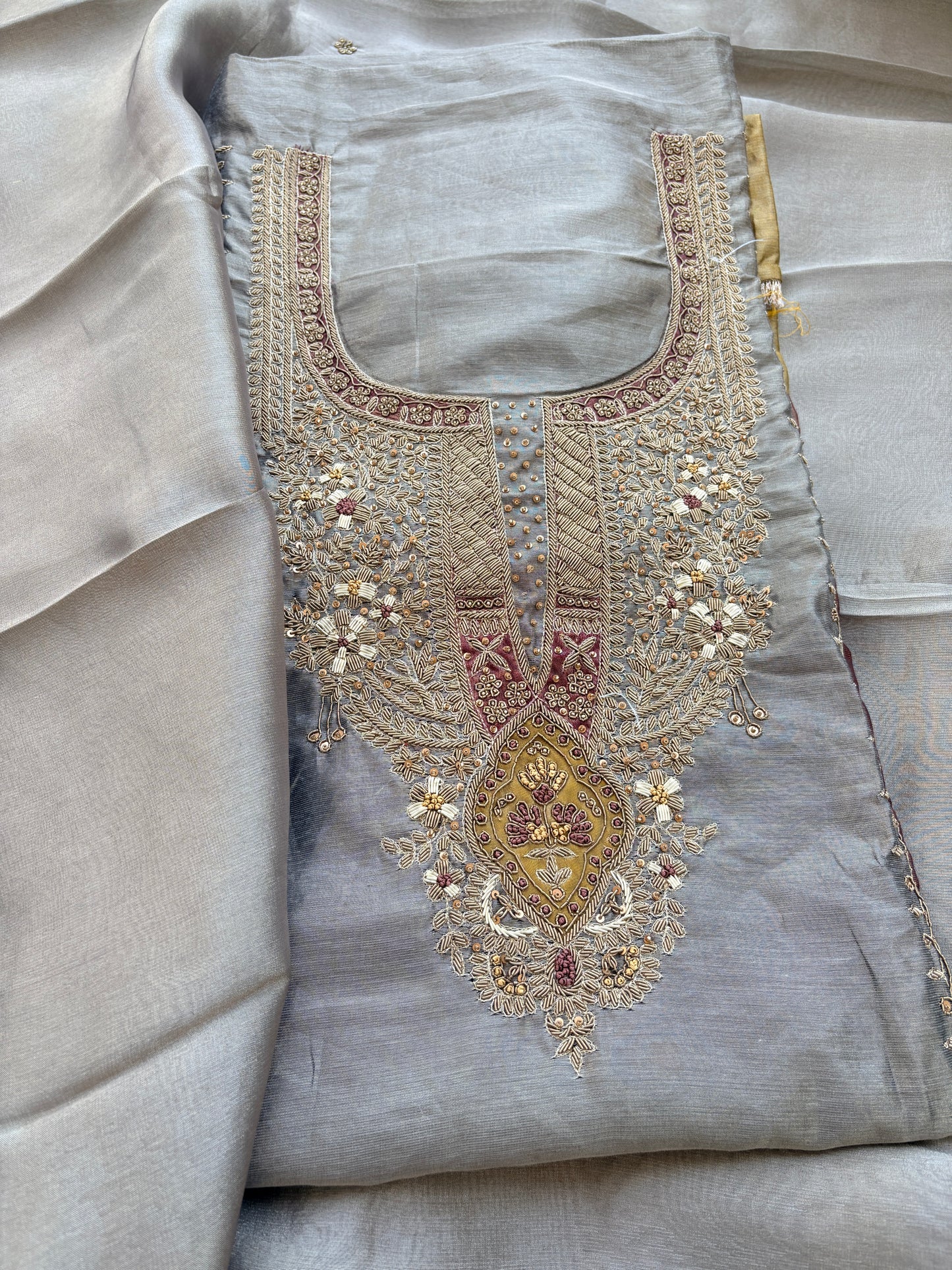 Grey 3 colored tissue hand embroidered suit set