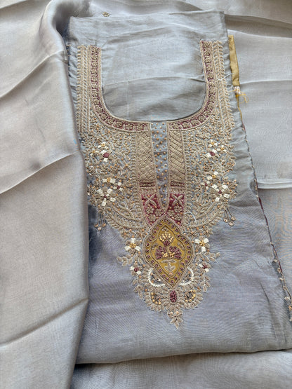 Grey 3 colored tissue hand embroidered suit set