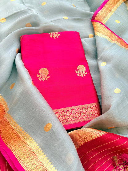 Pink chiniya silk kurta , bottom and kora silk dupatta