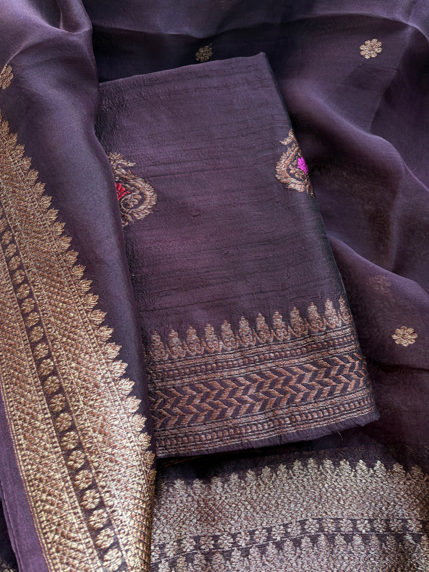 Wine raw silk kadhwa suit set