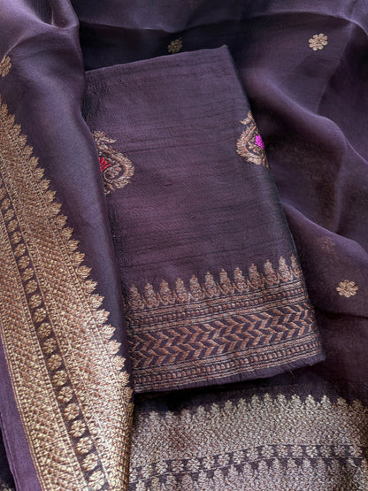 Wine raw silk kadhwa suit set