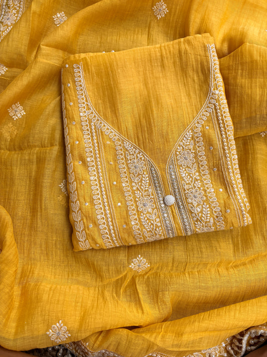 Yellow mulcotton chikan embroidered suit set