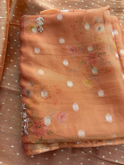 Pure kora hand embroidery suit with tissue silk dupatta ,Satin lower