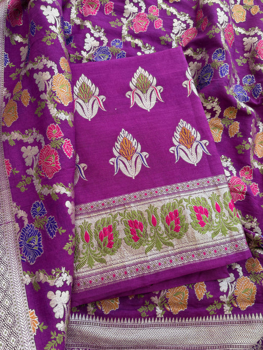 Purple moonga silk jaal tilfi suit set