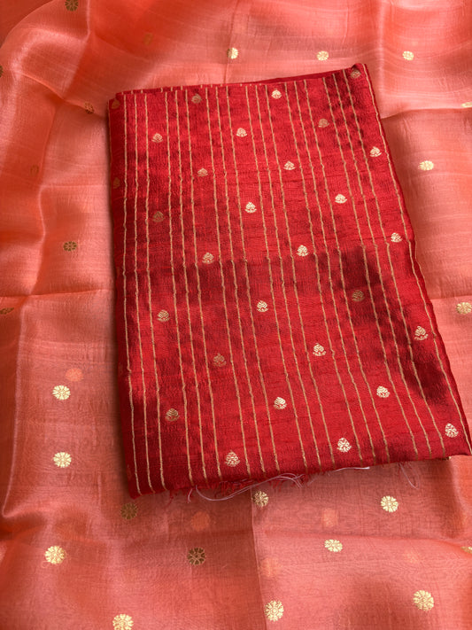 Red raw silk kurta, bottom and kora silk shaded dupatta