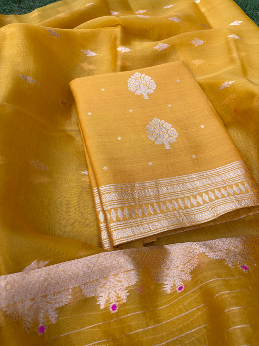 Mustard Chiniya silk kurta, bottom and kora silk dupatta