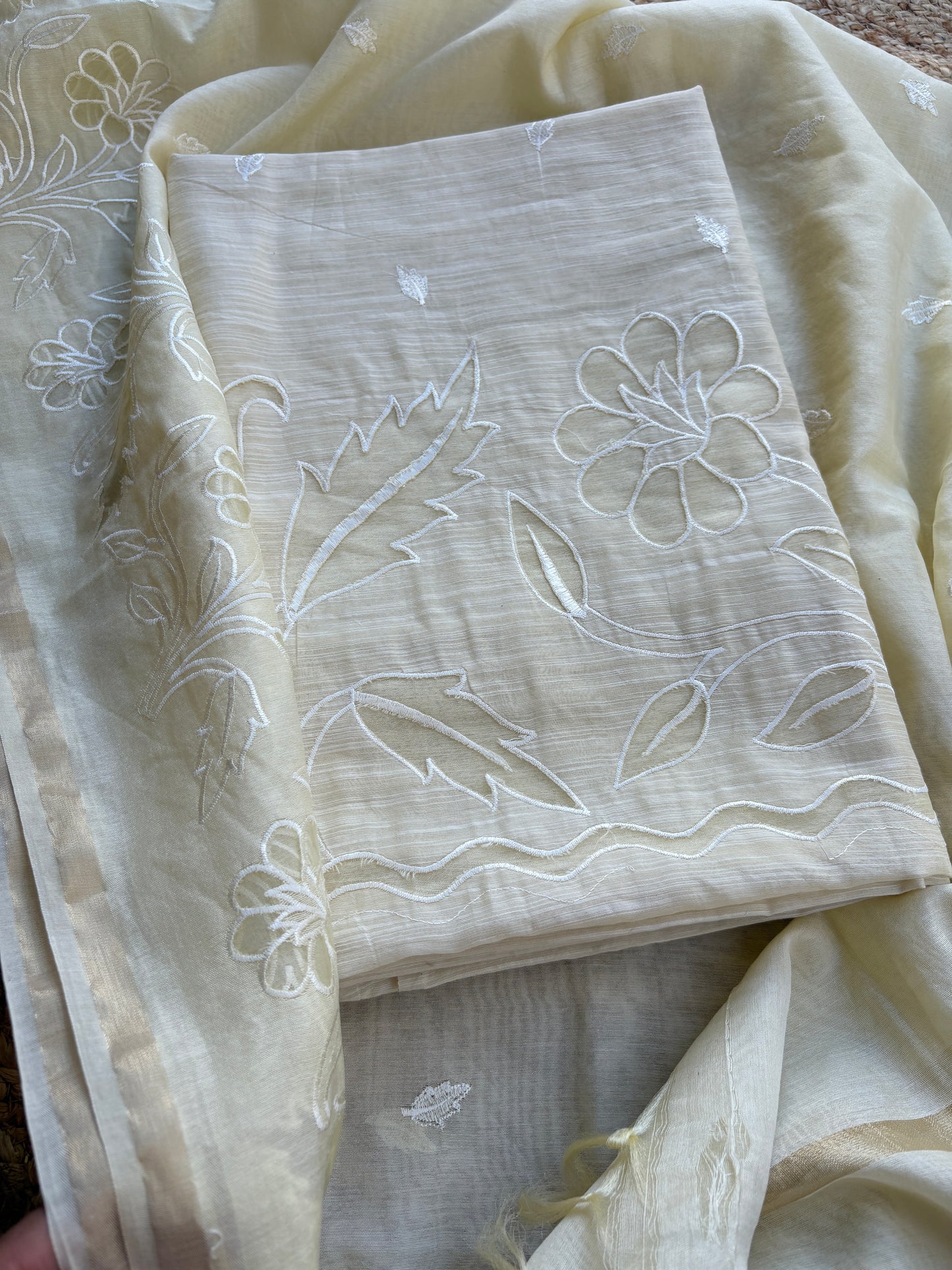 White appliqué mulchanderi  suit set