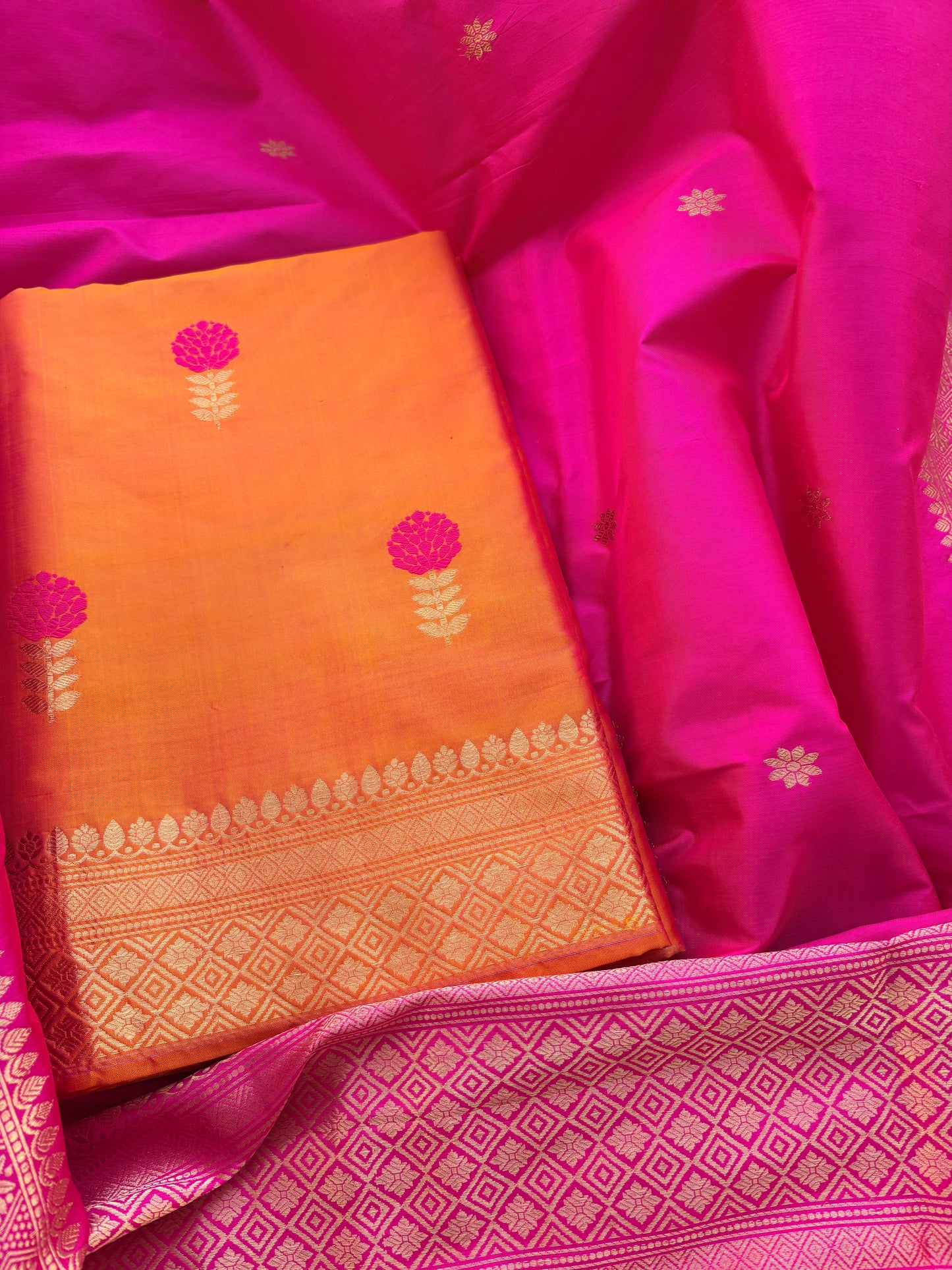 Yellow katan by katan silk suit with rani dupatta