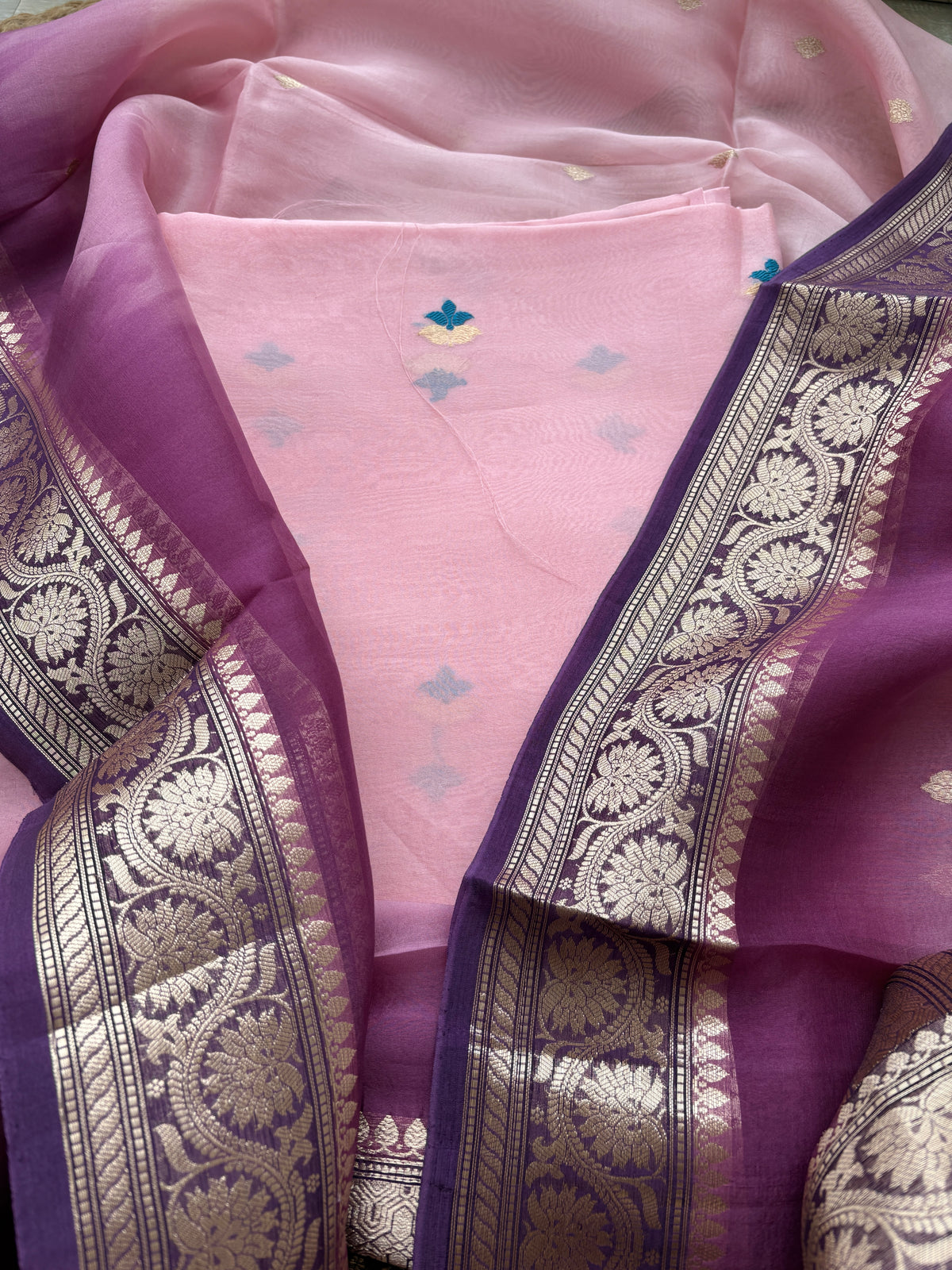 Pink Kora silk suit set with shaded dupatta