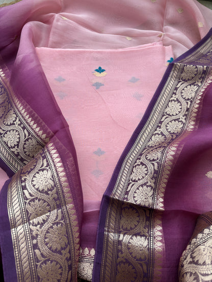 Pink Kora silk suit set with shaded dupatta