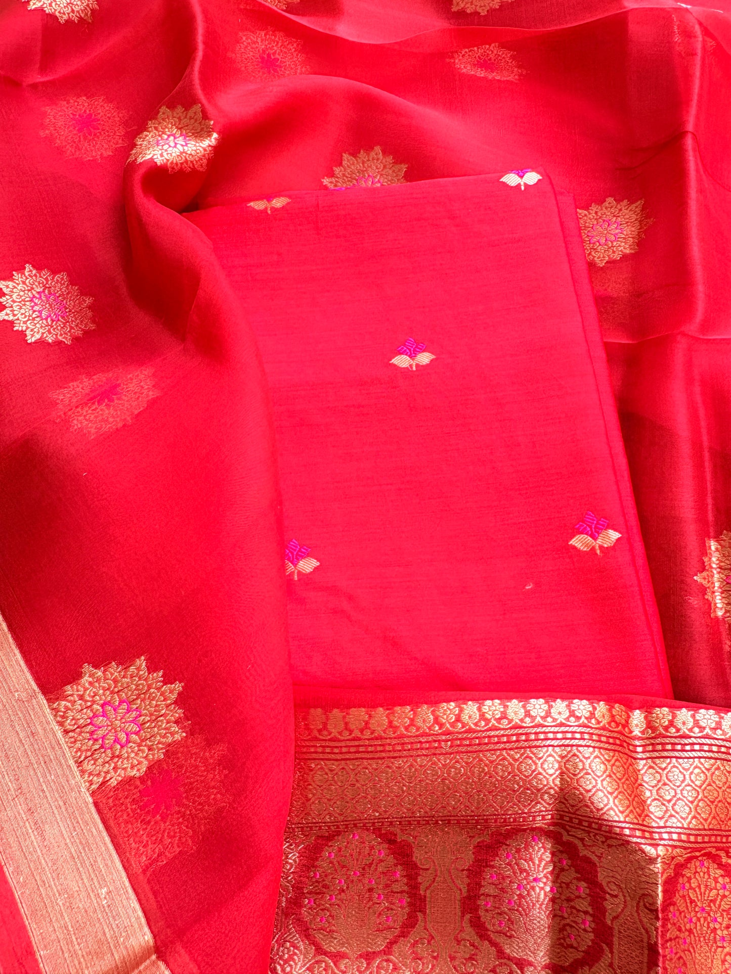 Red Chiniya silk kurta , bottom and kora kadhwa dupatta