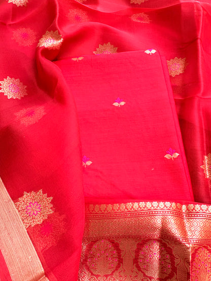 Red Chiniya silk kurta , bottom and kora kadhwa dupatta