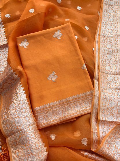 Orange Chiniya kora silk pure silver zari suit set