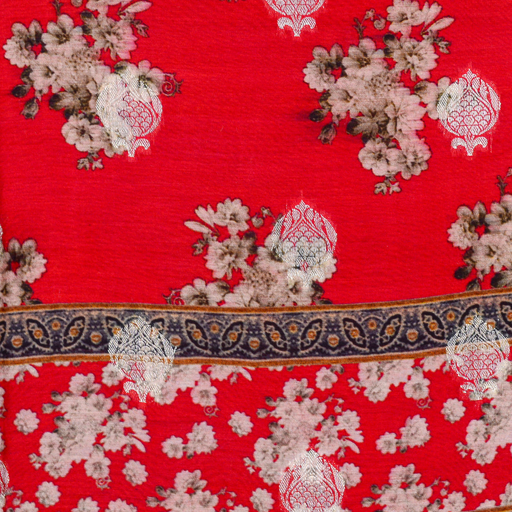 Red Chanderi silk printed suit set